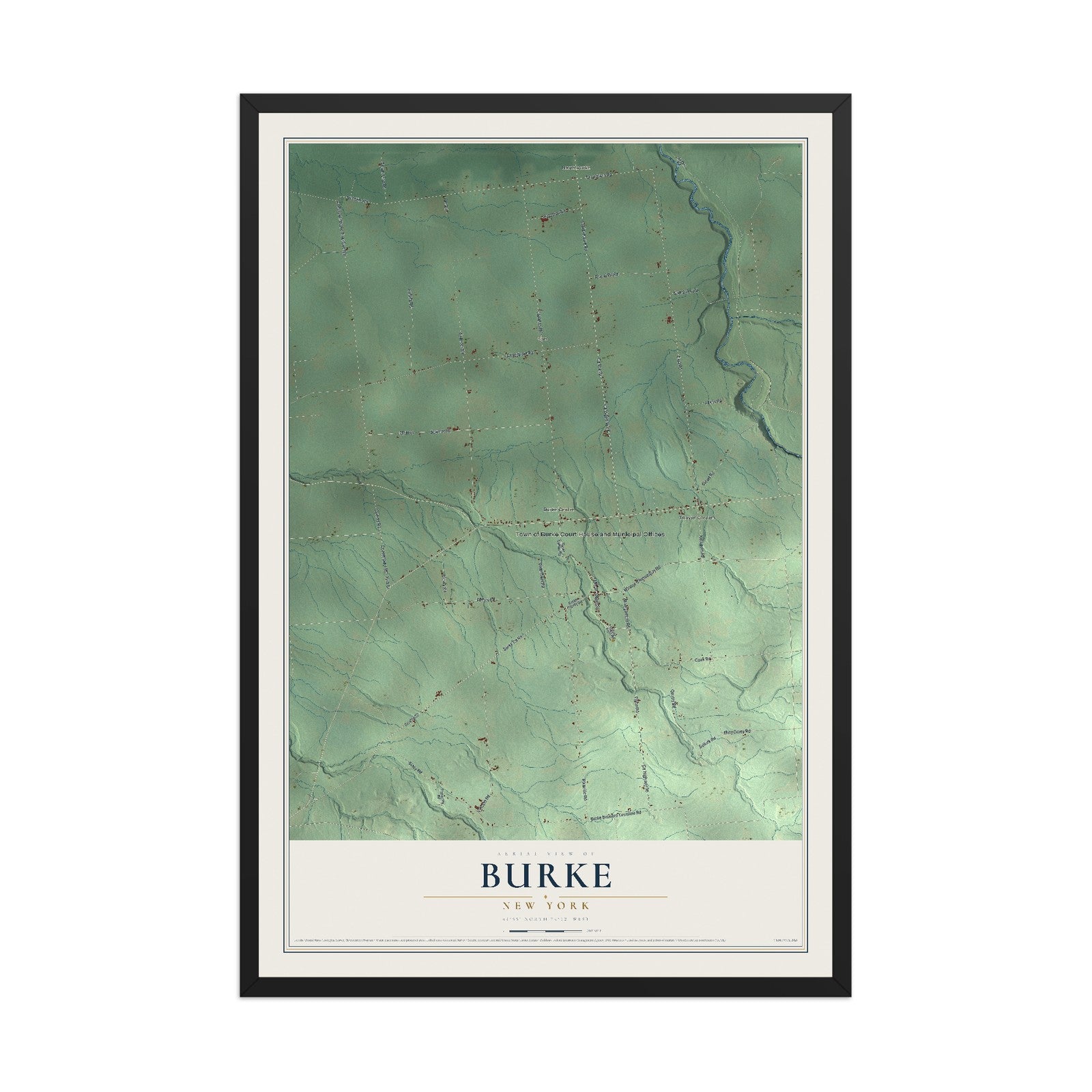 Burke, New York map print, 12" x 18" W/ Black Ayous Wood Frame mockup