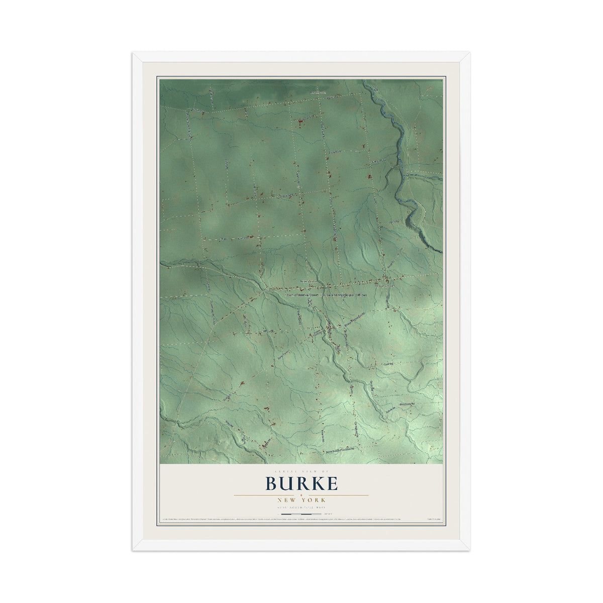Burke, New York map print, 12" x 18" W/ White Ayous Wood Frame mockup