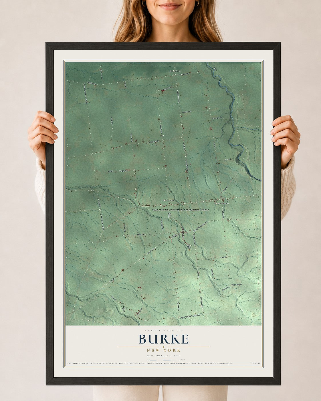 Burke, New York map print, 24" x 36" W/ Black Ayous Wood Frame mockup