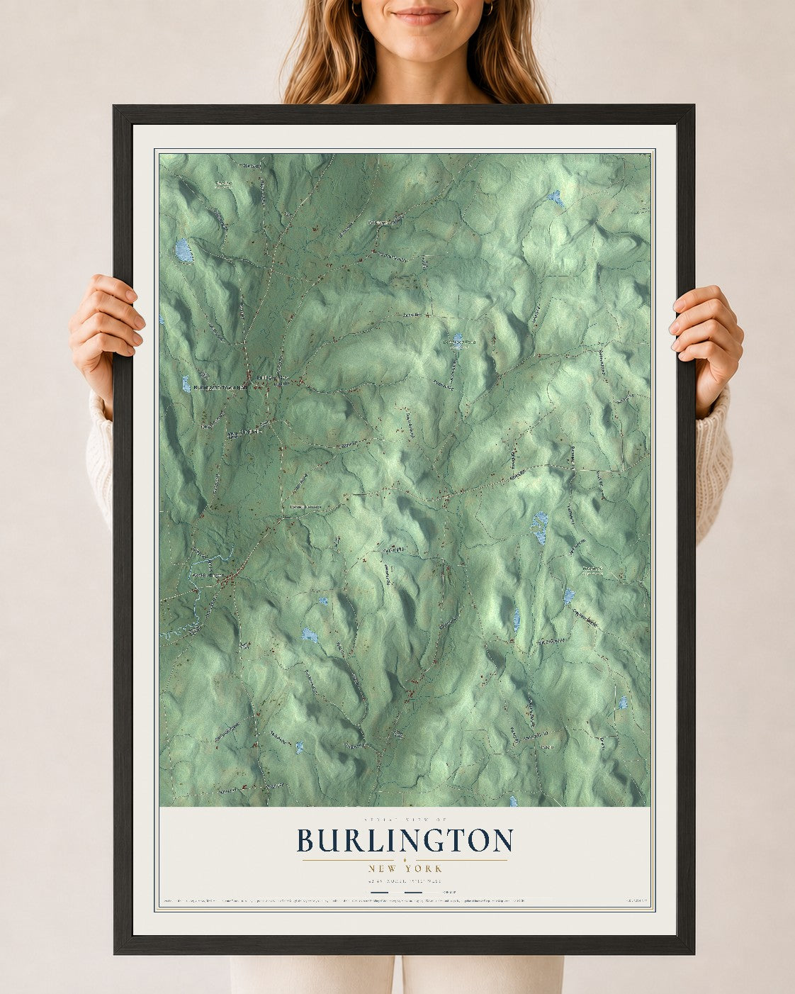 Burlington, New York map print, 24" x 36" W/ Black Ayous Wood Frame mockup