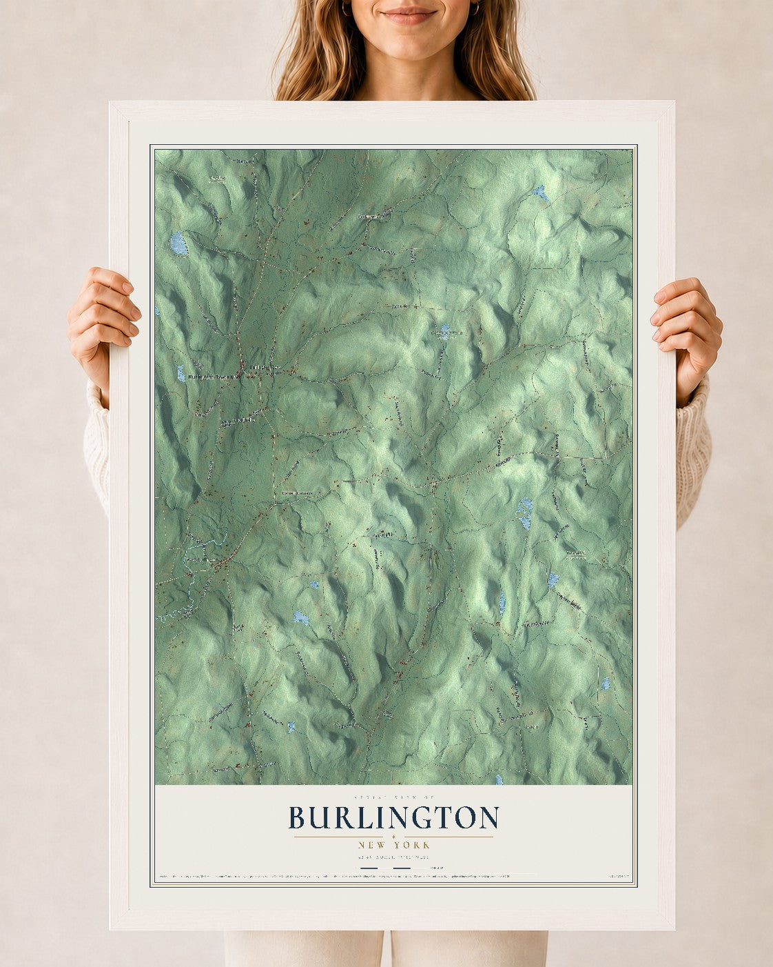 Burlington, New York map print, 24" x 36" W/ White Ayous Wood Frame mockup