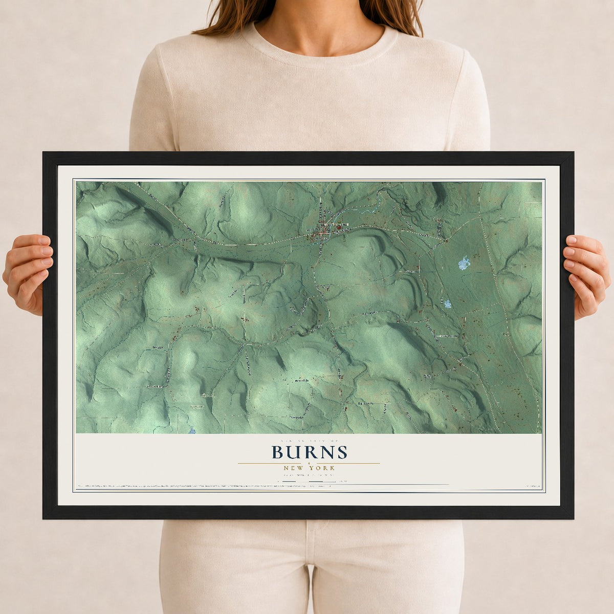 Burns, New York map print, 12" x 18" W/ Black Ayous Wood Frame mockup