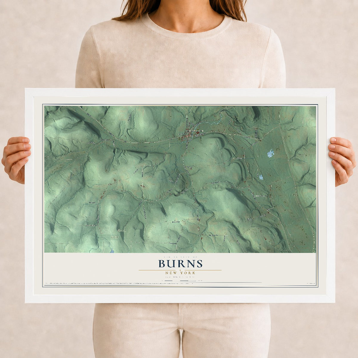 Burns, New York map print, 12" x 18" W/ White Ayous Wood Frame mockup