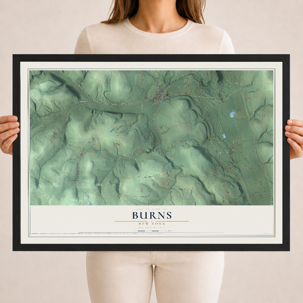 Burns, New York map print, 18" x 24" W/ Black Ayous Wood Frame mockup