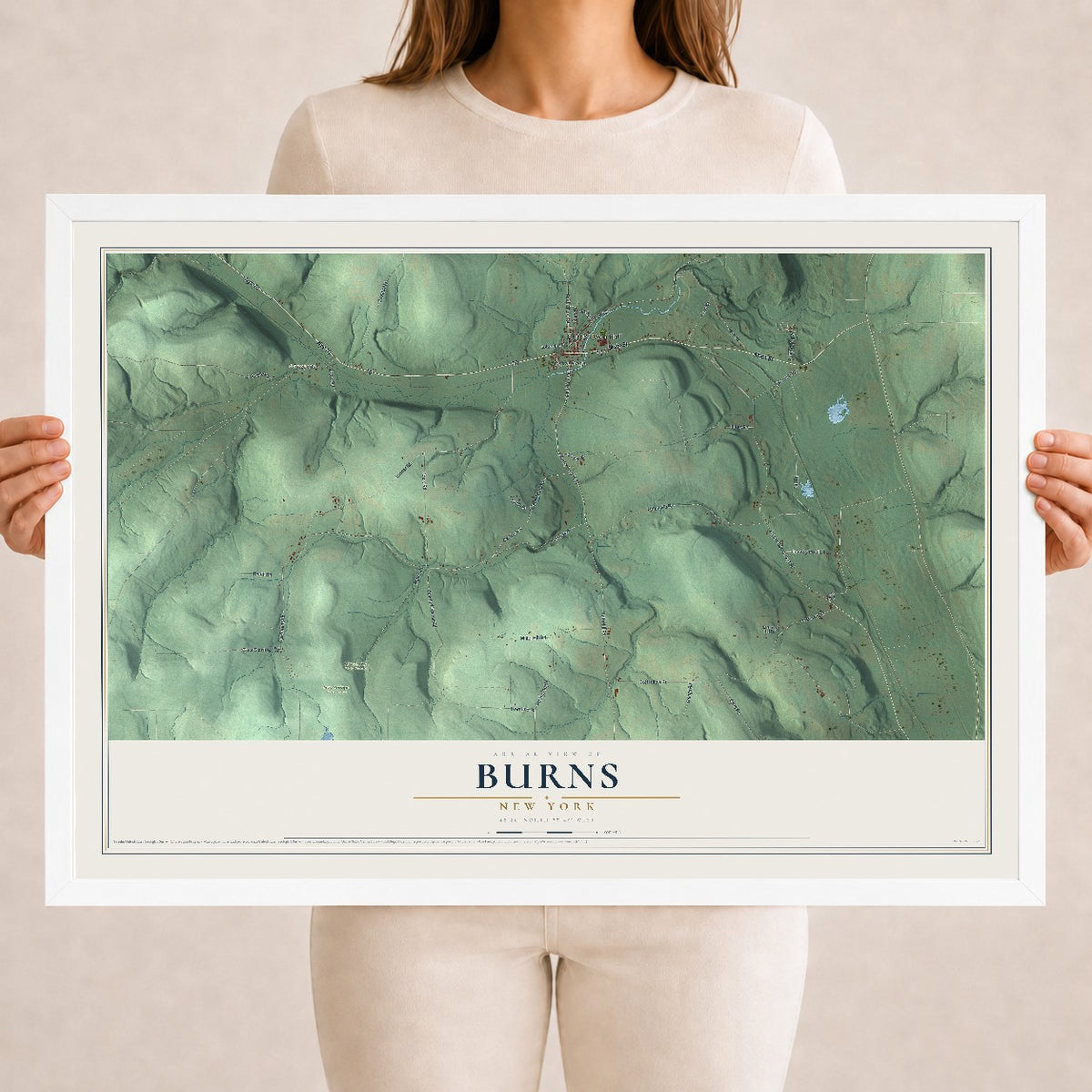 Burns, New York map print, 18" x 24" W/ White Ayous Wood Frame mockup