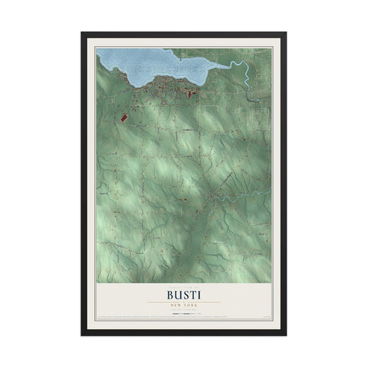 Map of Busti, New York, 12 x 18 inch print in a black wood frame