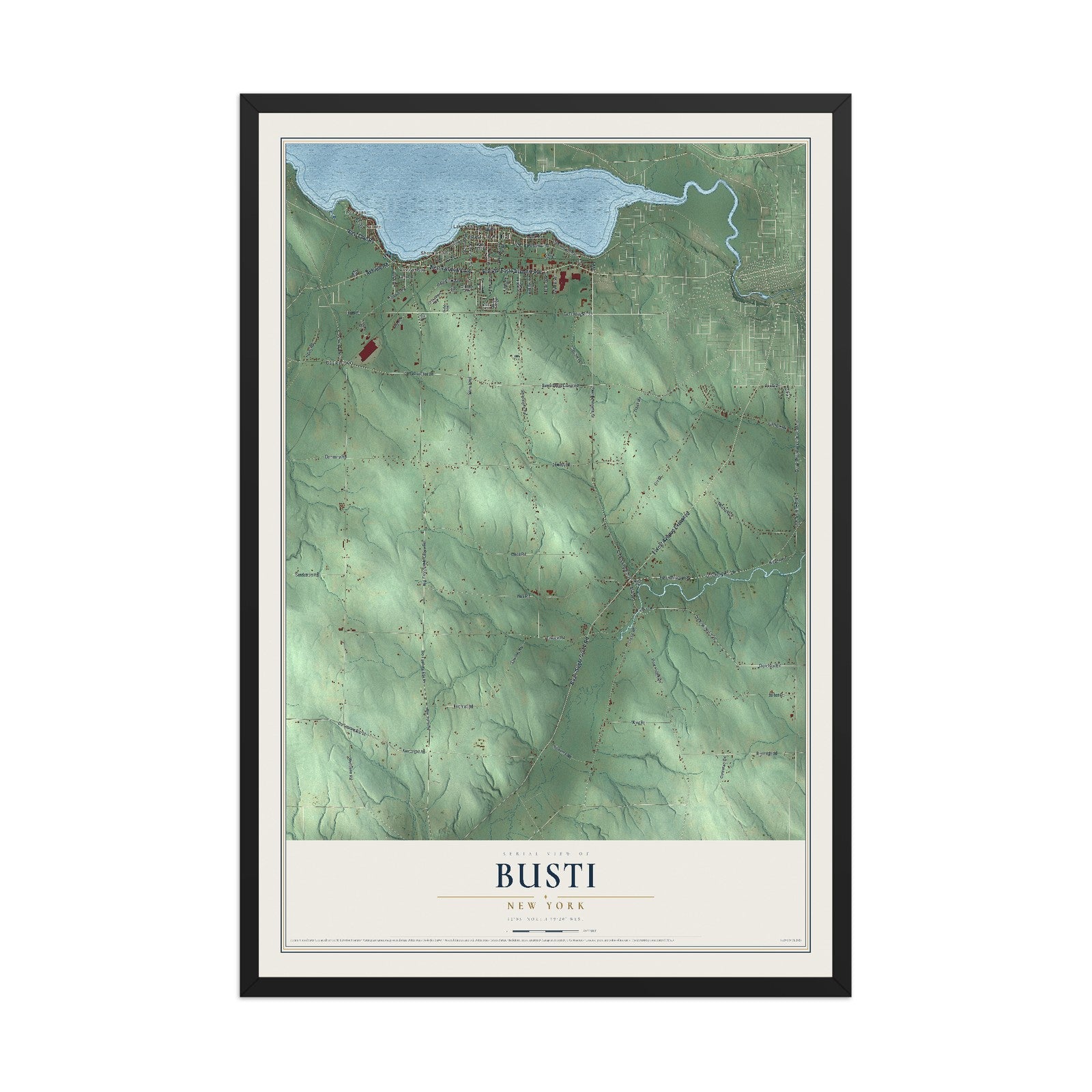 Busti, New York map print, 12" x 18" W/ Black Ayous Wood Frame mockup