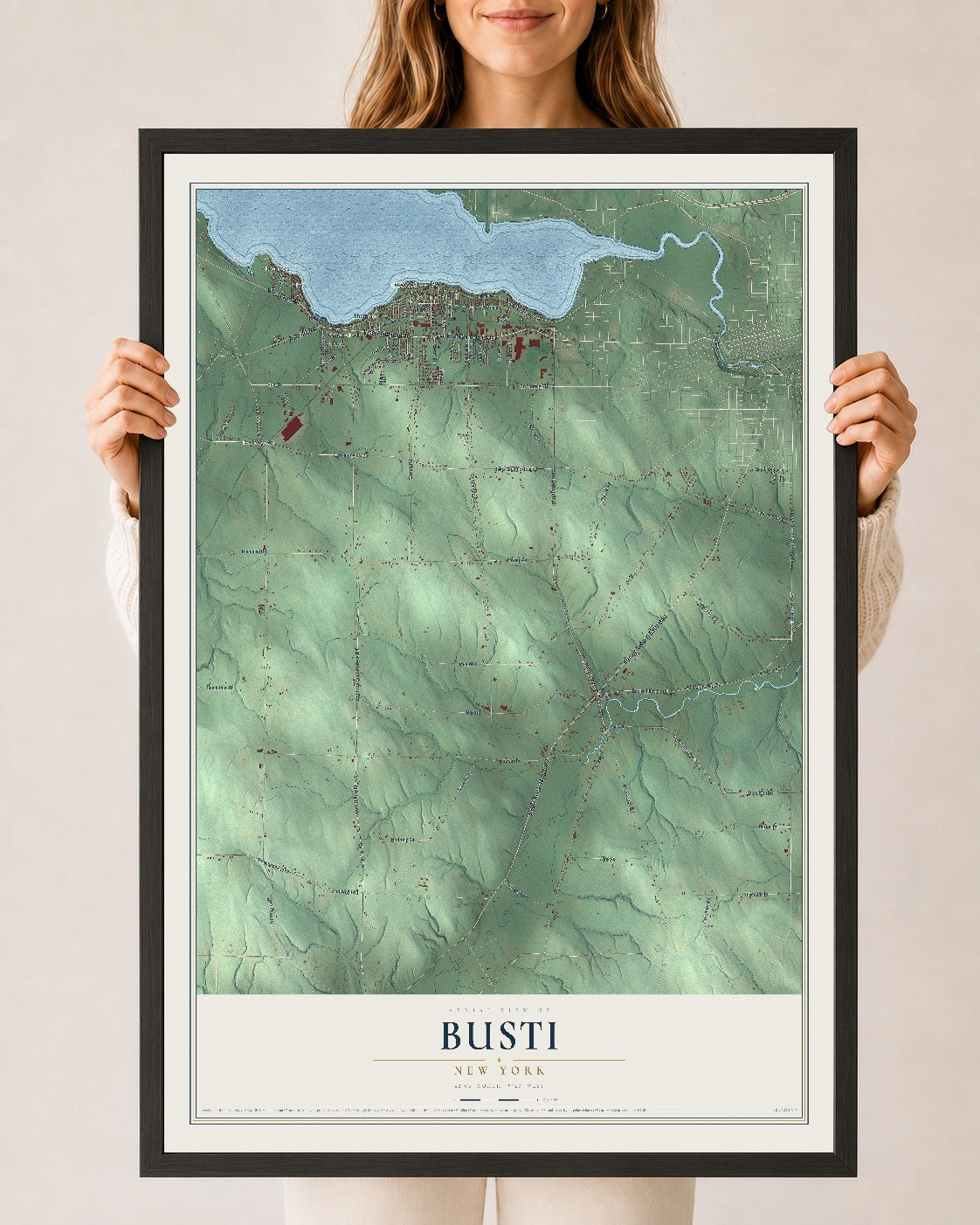 Busti, New York map print, 24" x 36" W/ Black Ayous Wood Frame mockup