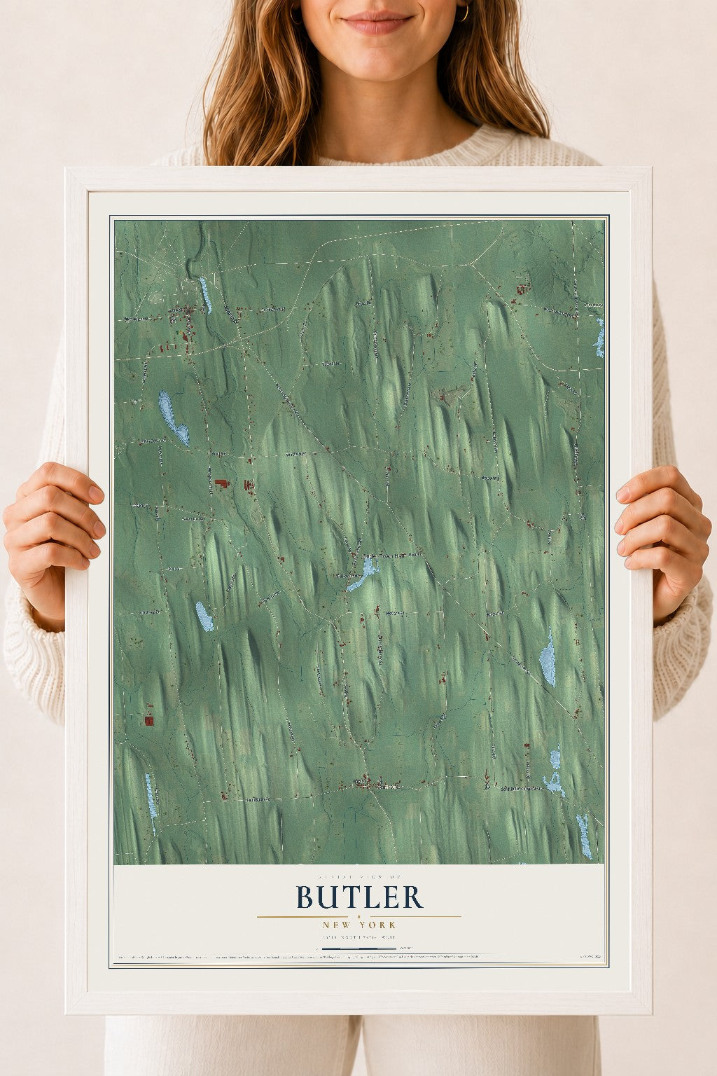 Butler, New York map print, 18" x 24" W/ White Ayous Wood Frame mockup