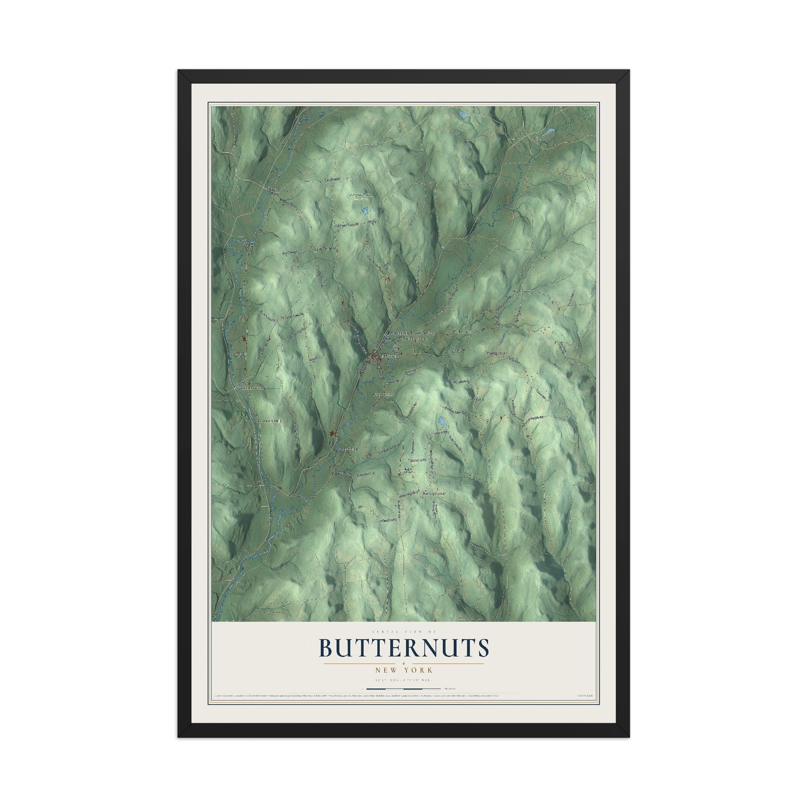 Butternuts, New York map print, 12" x 18" W/ Black Ayous Wood Frame mockup