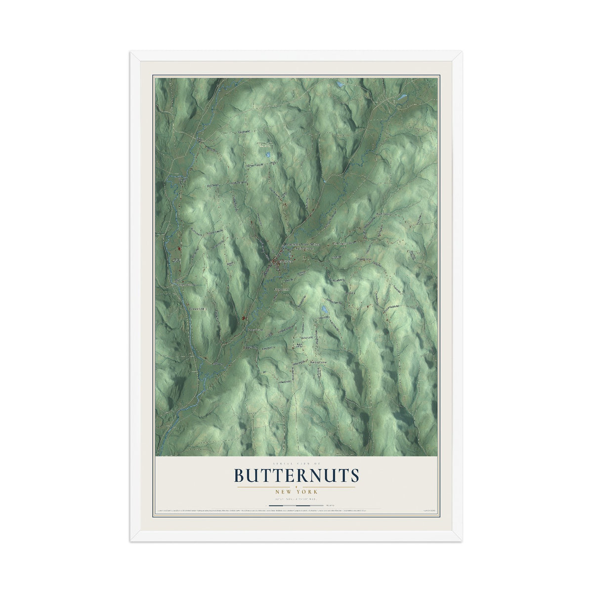 Butternuts, New York map print, 12" x 18" W/ White Ayous Wood Frame mockup