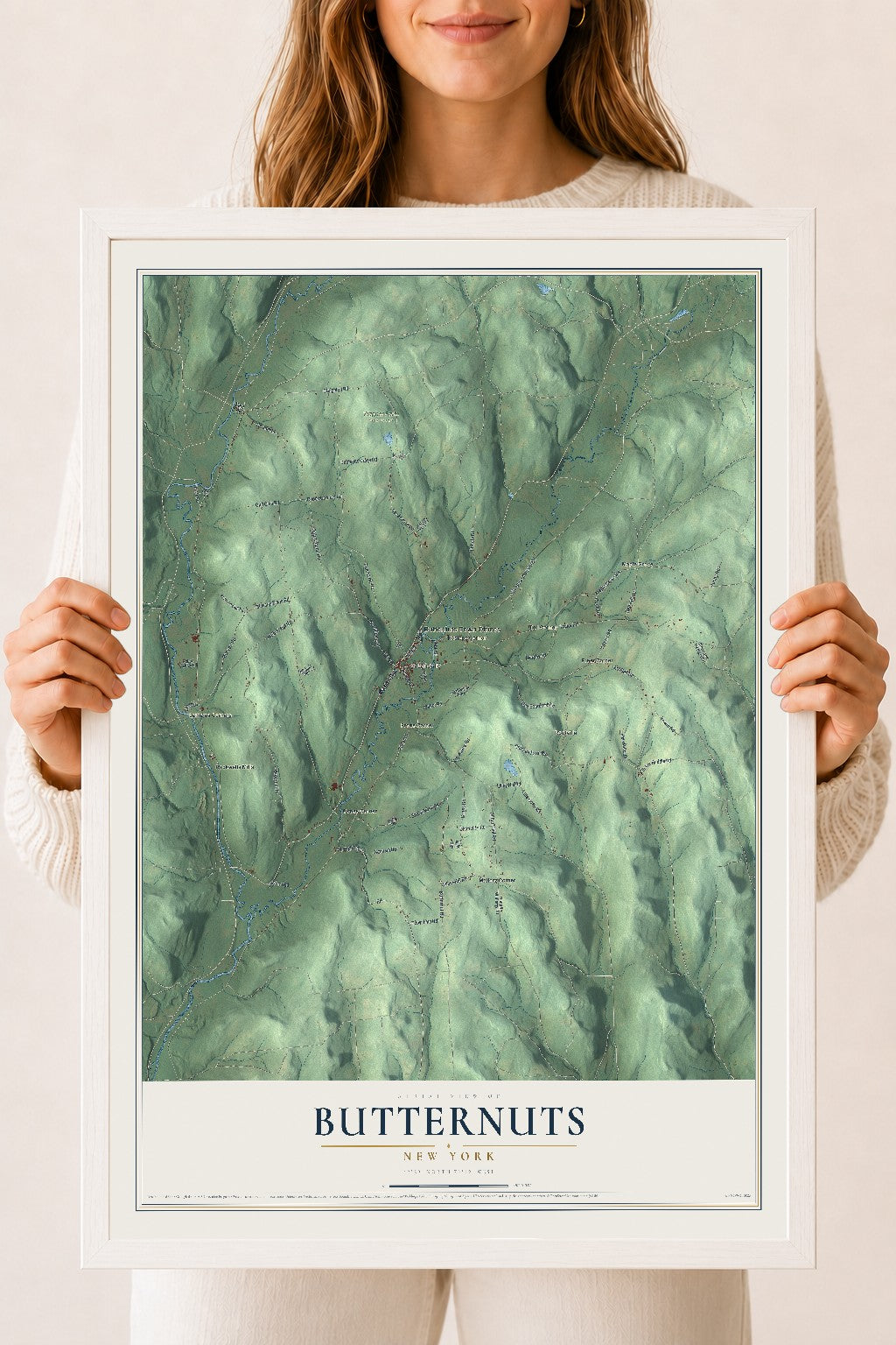 Butternuts, New York map print, 18" x 24" W/ White Ayous Wood Frame mockup