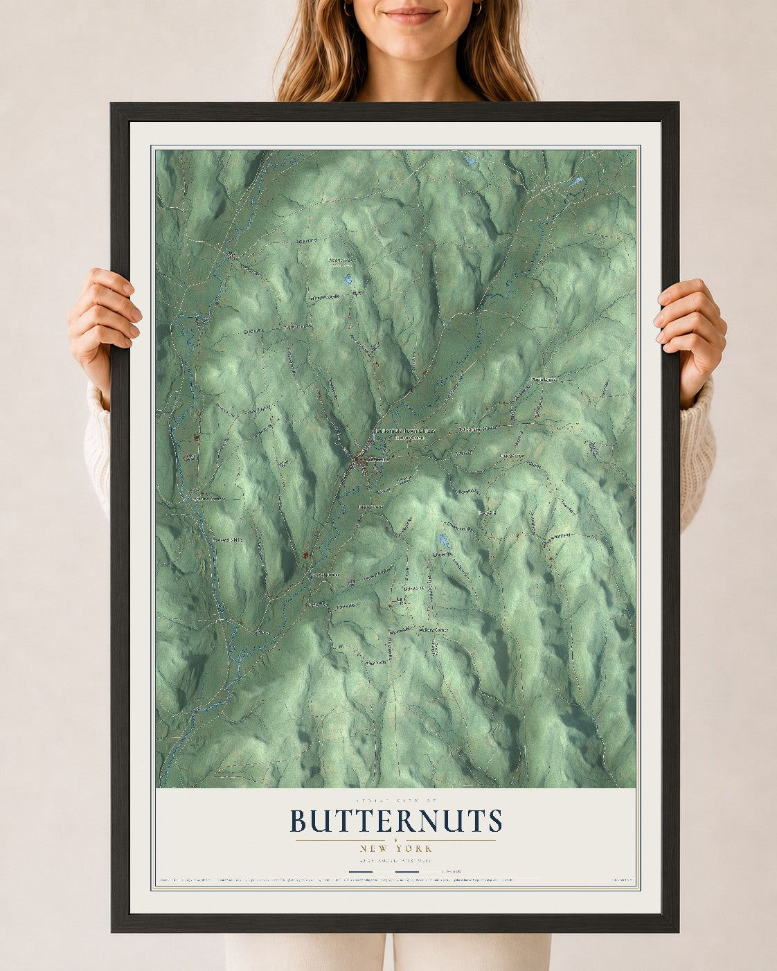 Butternuts, New York map print, 24" x 36" W/ Black Ayous Wood Frame mockup