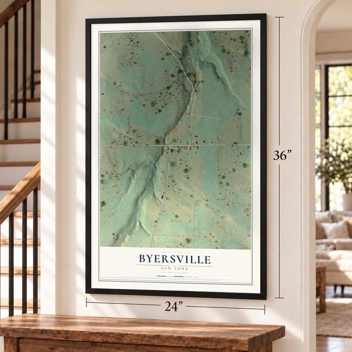 Byersville, New York map, 24 x 36 inch print in a black frame by a staircase