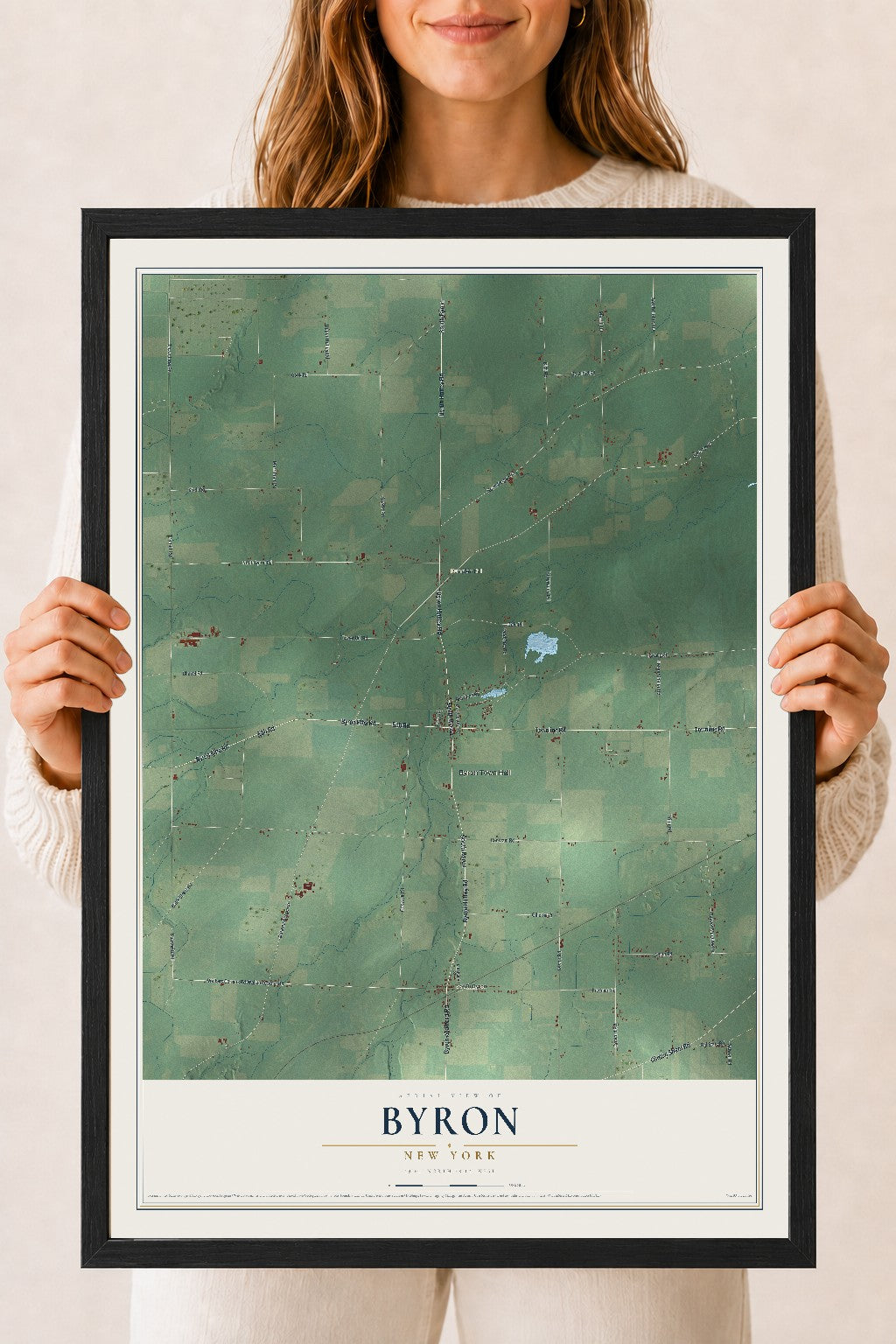 Byron, New York map print, 18" x 24" W/ Black Ayous Wood Frame mockup
