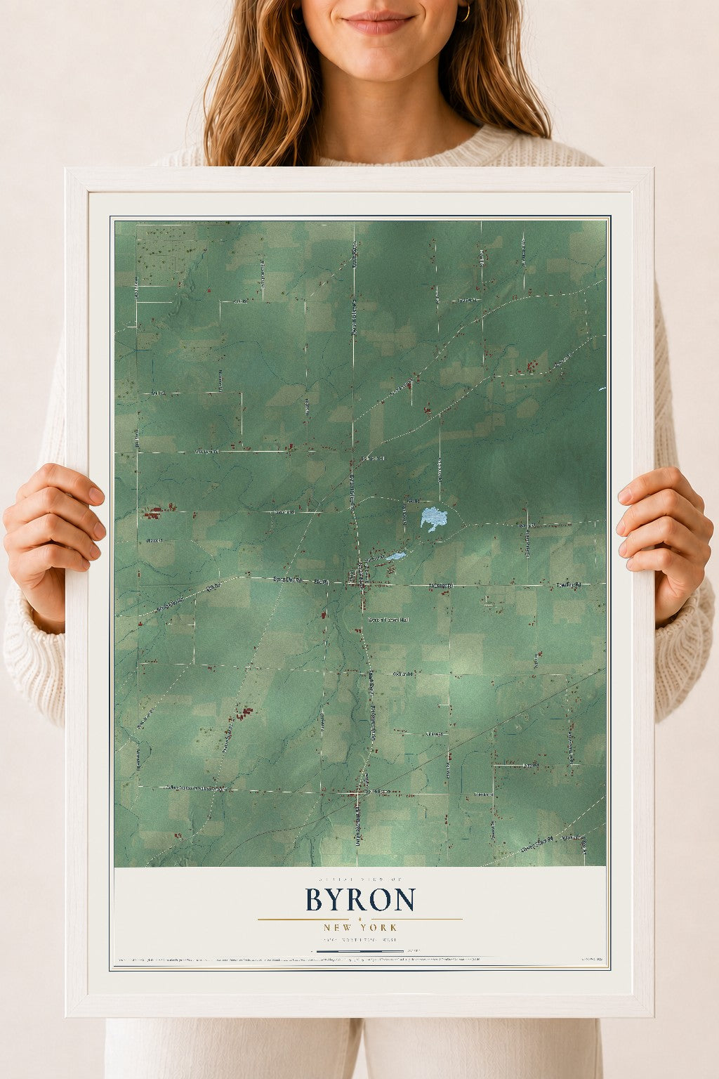 Byron, New York map print, 18" x 24" W/ White Ayous Wood Frame mockup