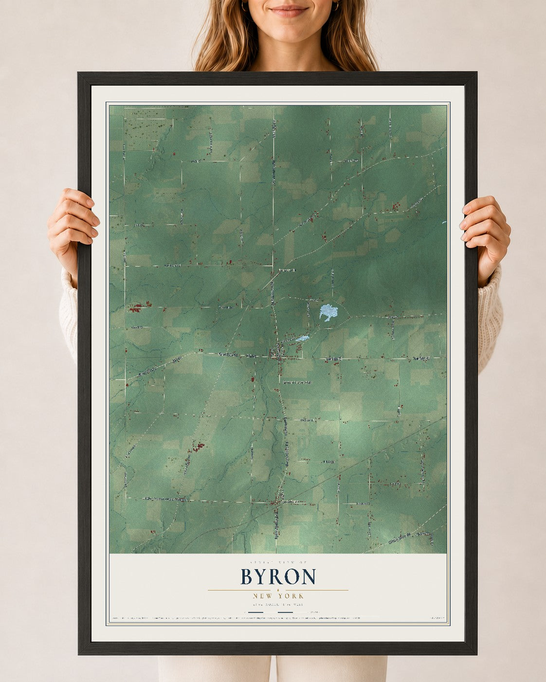 Byron, New York map print, 24" x 36" W/ Black Ayous Wood Frame mockup