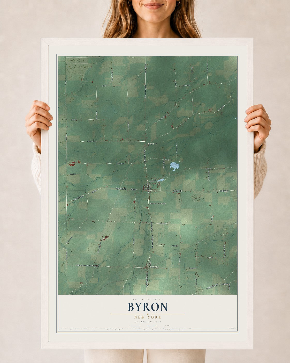 Byron, New York map print, 24" x 36" W/ White Ayous Wood Frame mockup