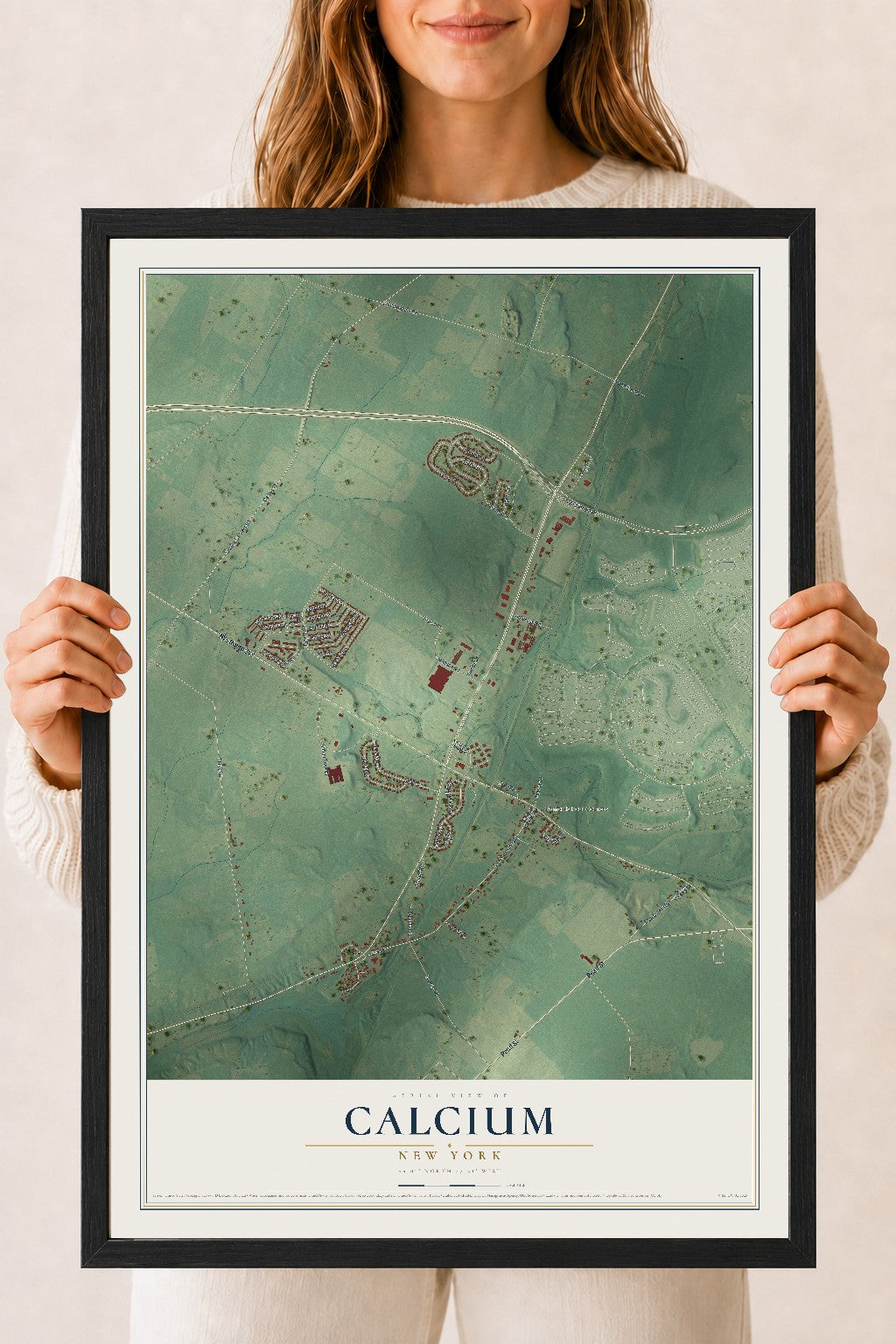 Calcium, New York map print, 18" x 24" W/ Black Ayous Wood Frame mockup