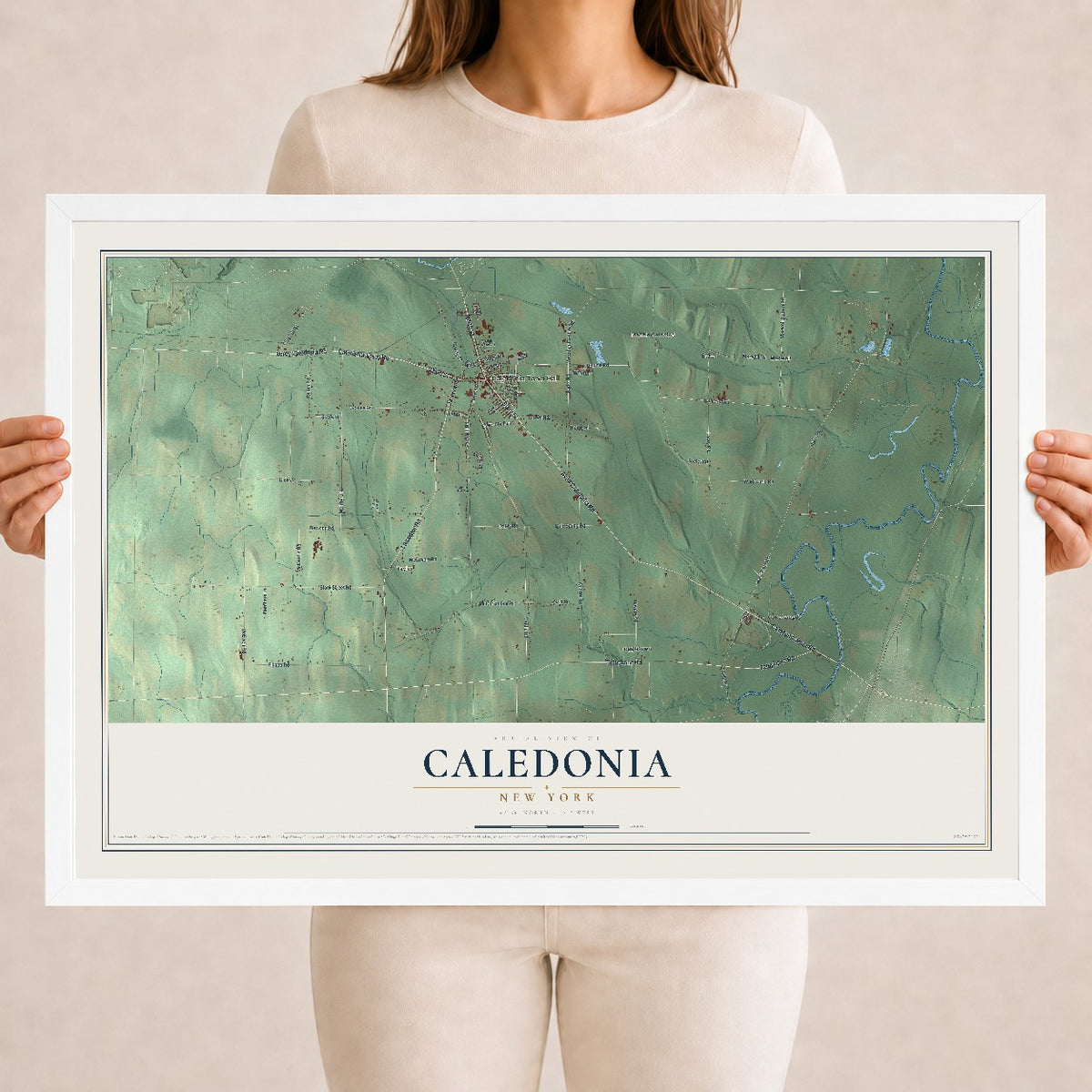 Caledonia, New York map print, 18" x 24" W/ White Ayous Wood Frame mockup