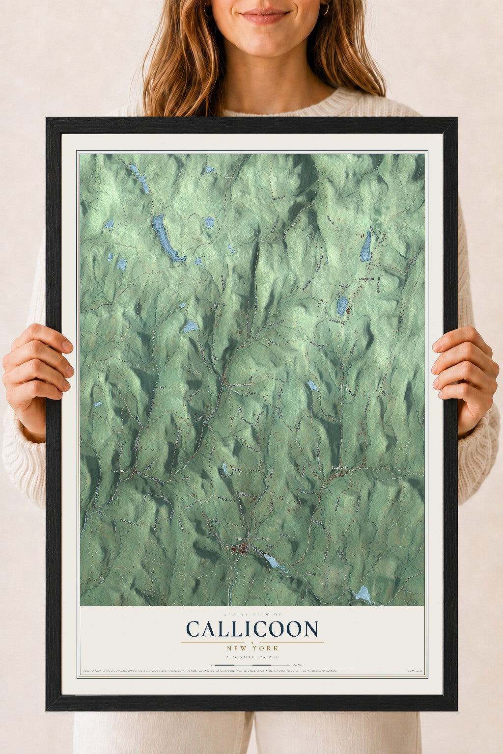 Callicoon, New York map print, 18" x 24" W/ Black Ayous Wood Frame mockup