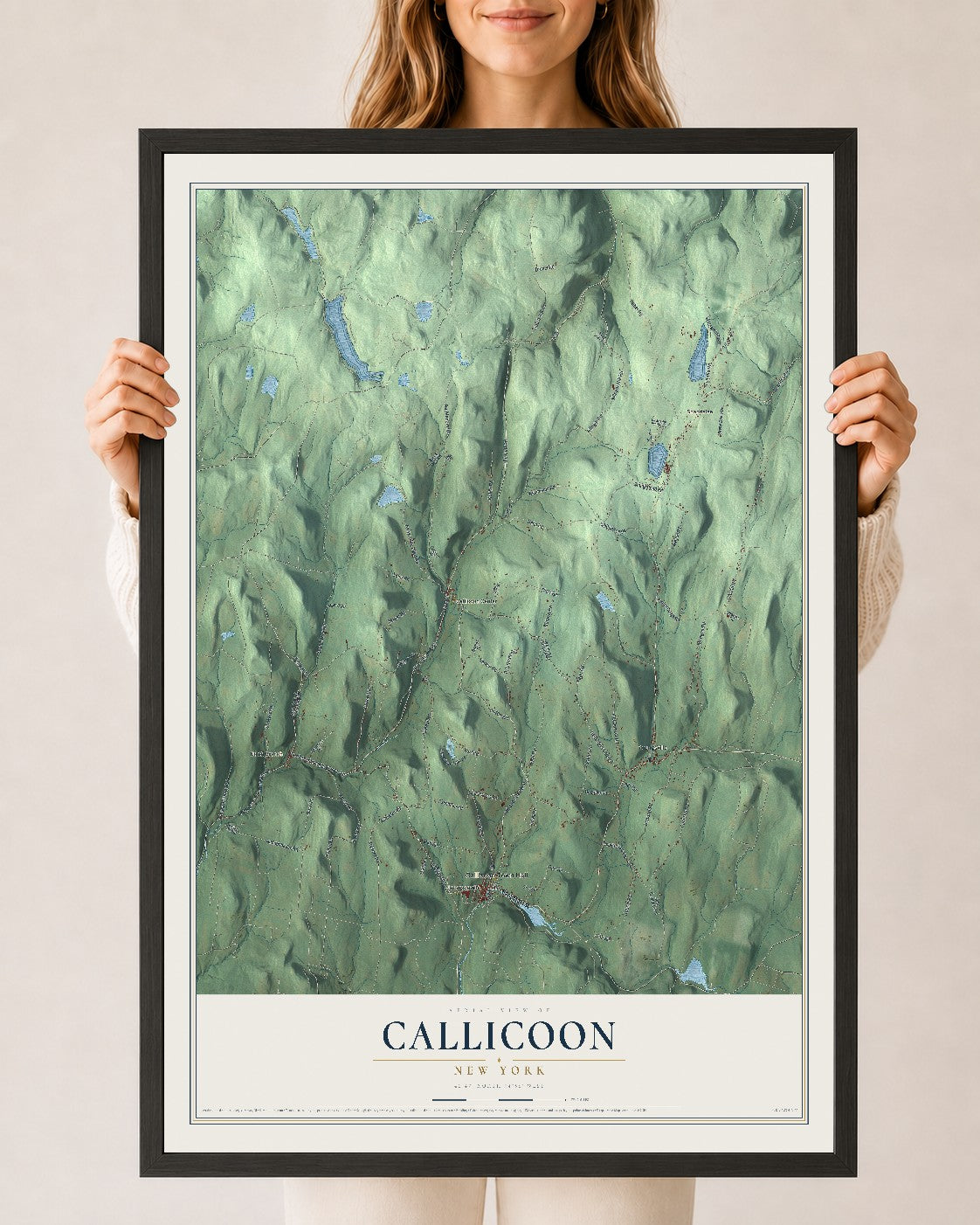 Callicoon, New York map print, 24" x 36" W/ Black Ayous Wood Frame mockup