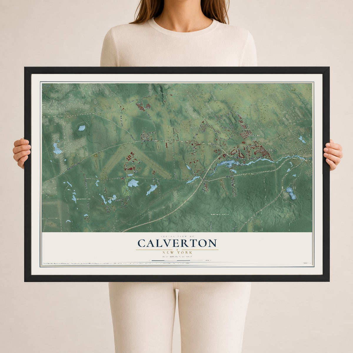 Calverton, New York map print, 24" x 36" W/ Black Ayous Wood Frame mockup