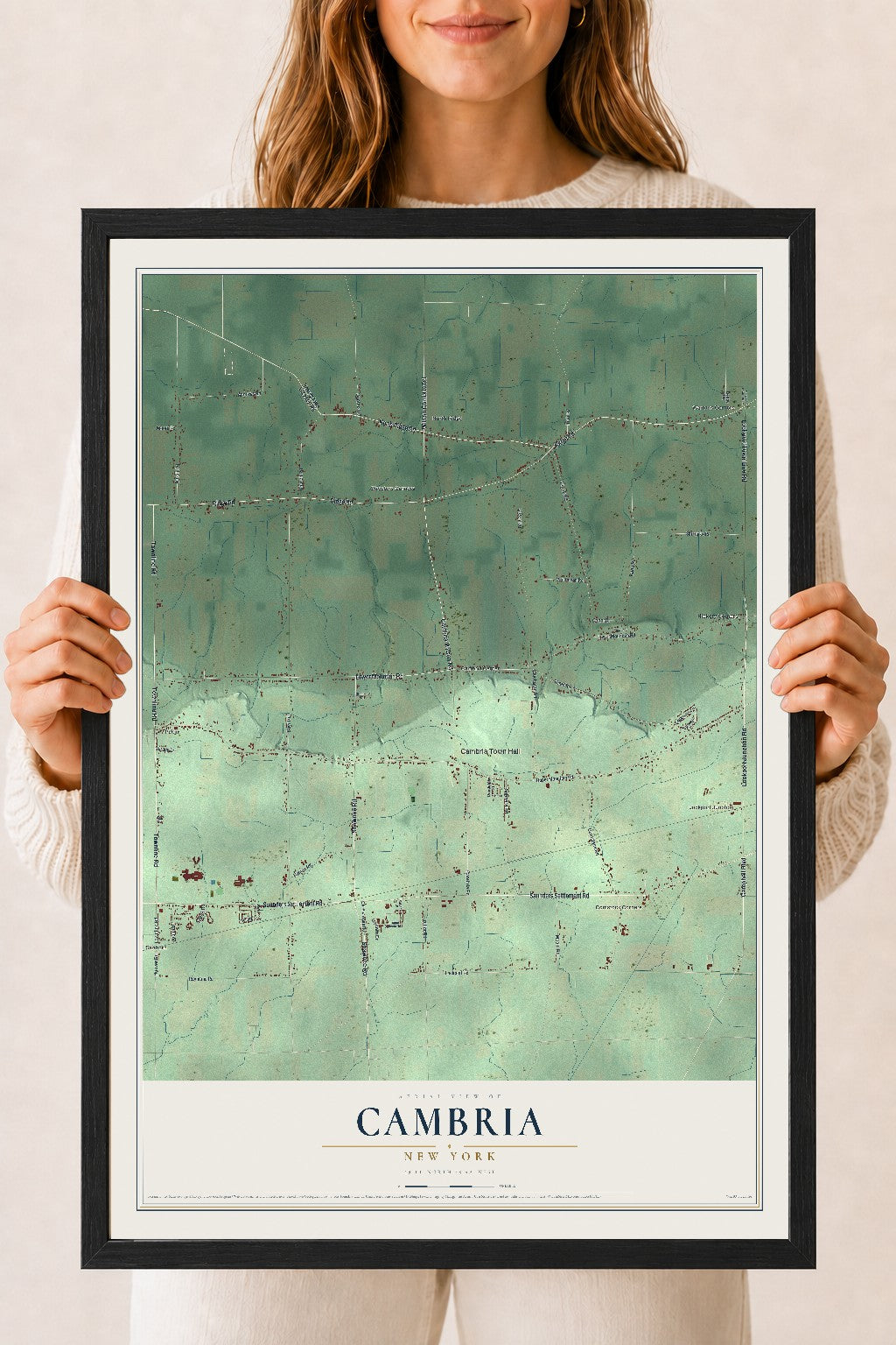 Cambria, New York map print, 18" x 24" W/ Black Ayous Wood Frame mockup