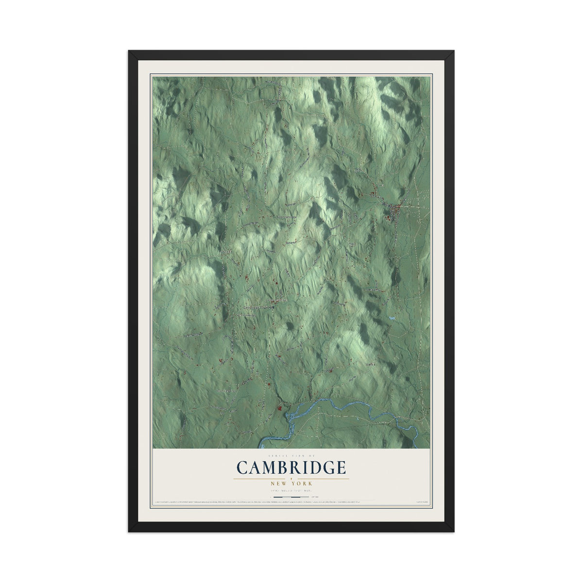 Cambridge, New York map print, 12" x 18" W/ Black Ayous Wood Frame mockup