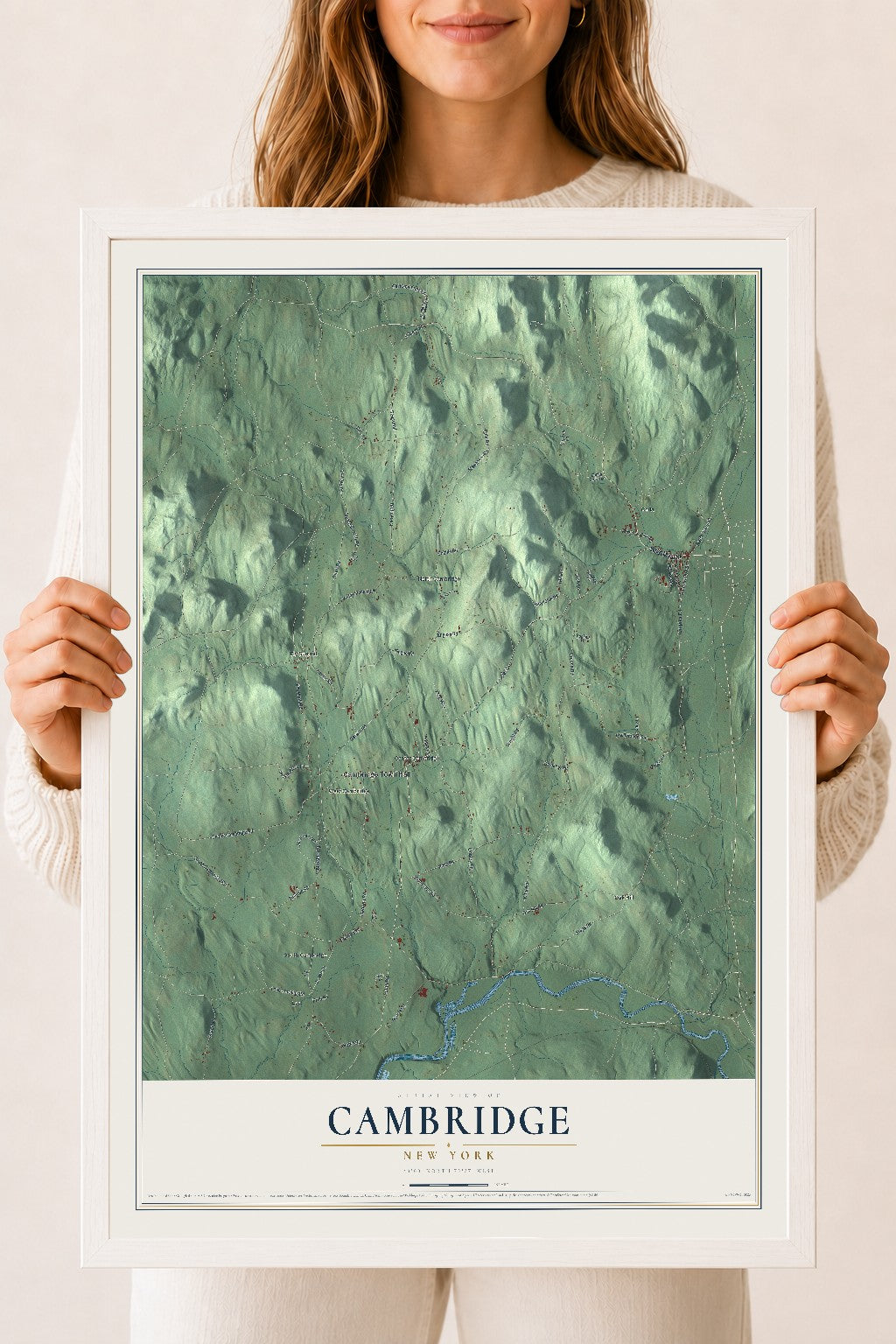 Cambridge, New York map print, 18" x 24" W/ White Ayous Wood Frame mockup
