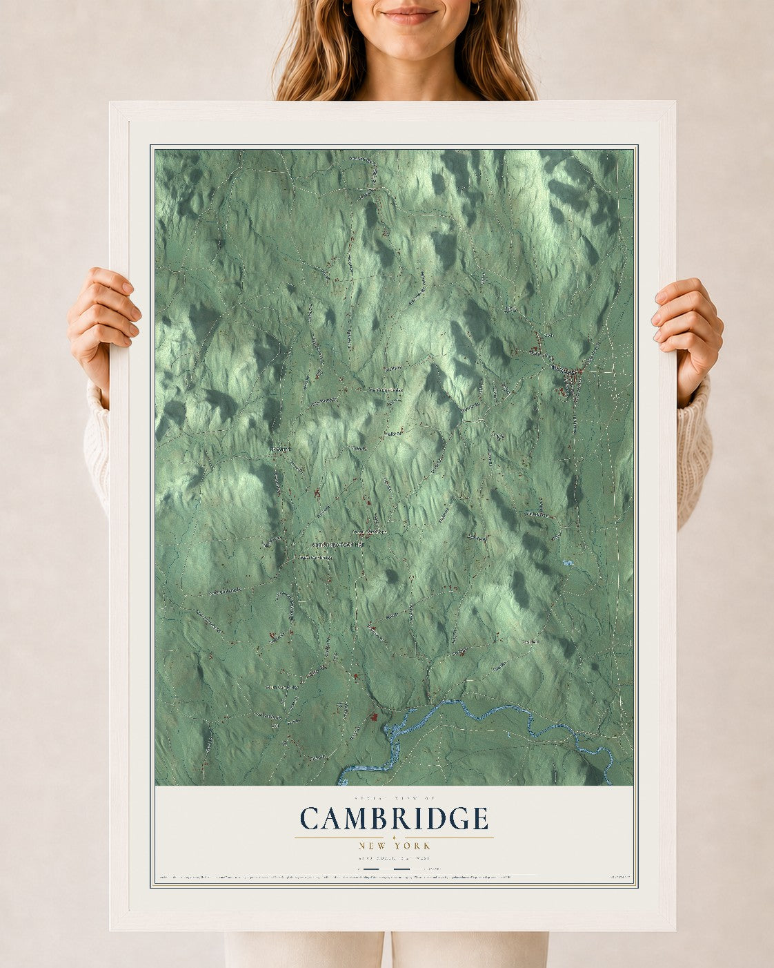 Cambridge, New York map print, 24" x 36" W/ White Ayous Wood Frame mockup