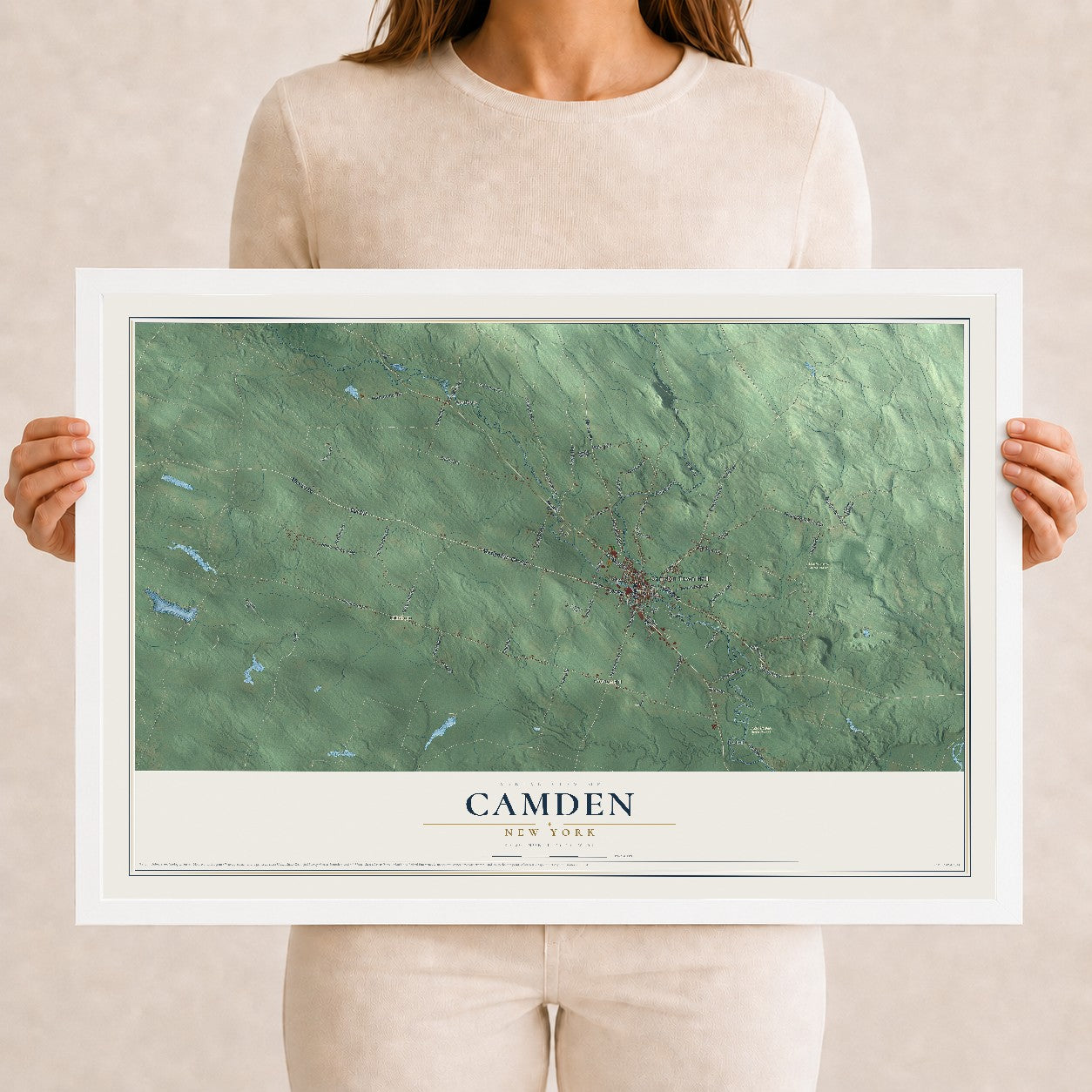 Camden, New York map print, 12" x 18" W/ White Ayous Wood Frame mockup