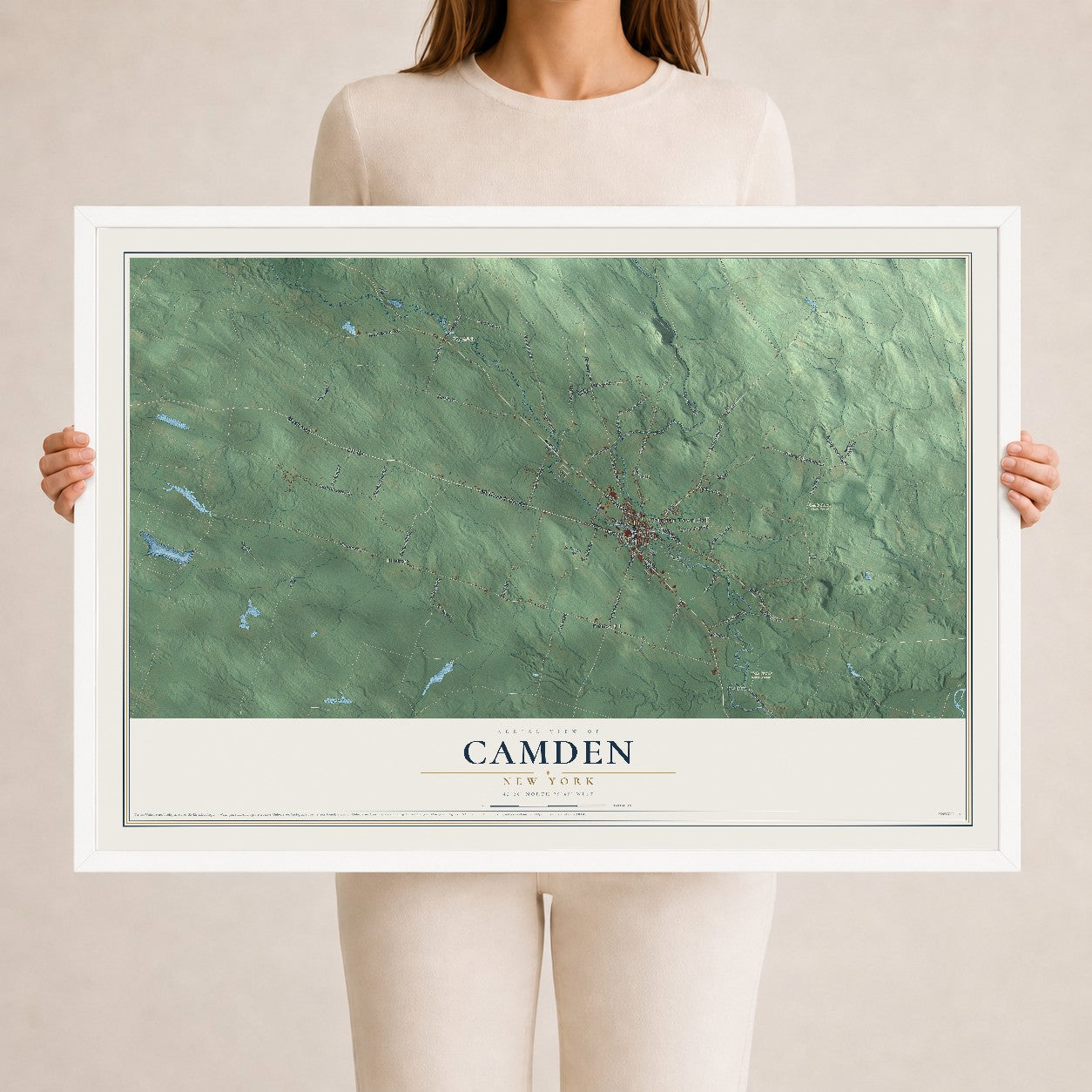 Camden, New York map print, 24" x 36" W/ White Ayous Wood Frame mockup