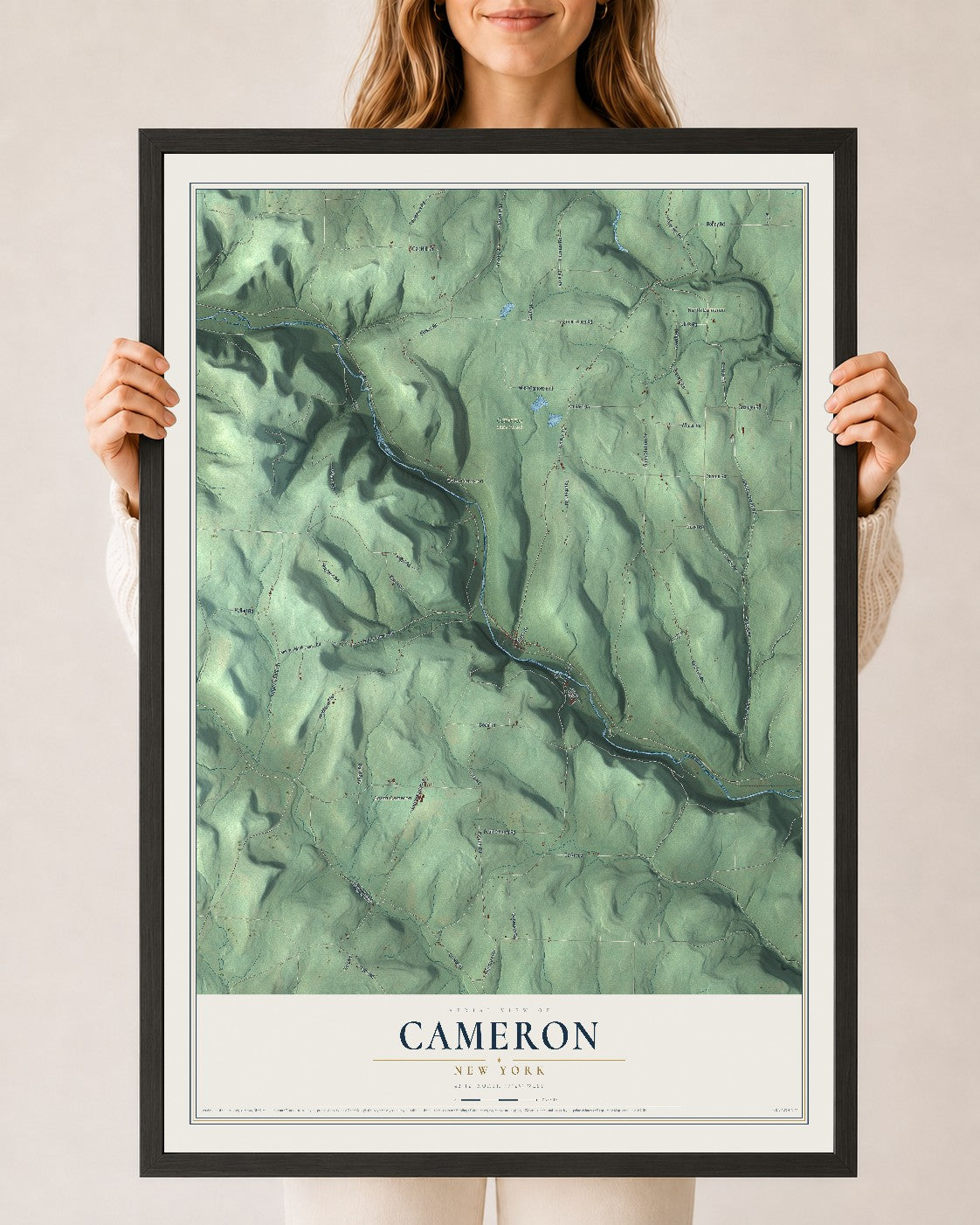 Cameron, New York map print, 24" x 36" W/ Black Ayous Wood Frame mockup