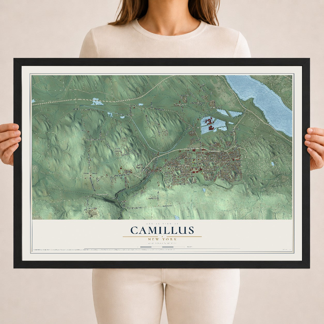 Camillus, New York map print, 18" x 24" W/ Black Ayous Wood Frame mockup