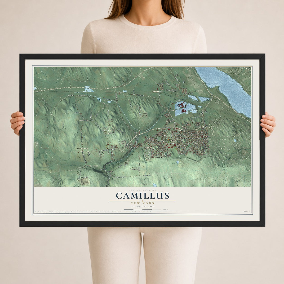 Camillus, New York map print, 24" x 36" W/ Black Ayous Wood Frame mockup