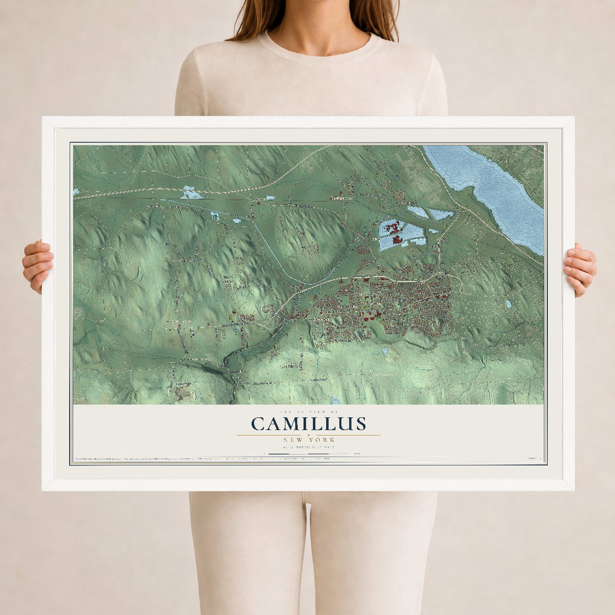 Camillus, New York map print, 24" x 36" W/ White Ayous Wood Frame mockup