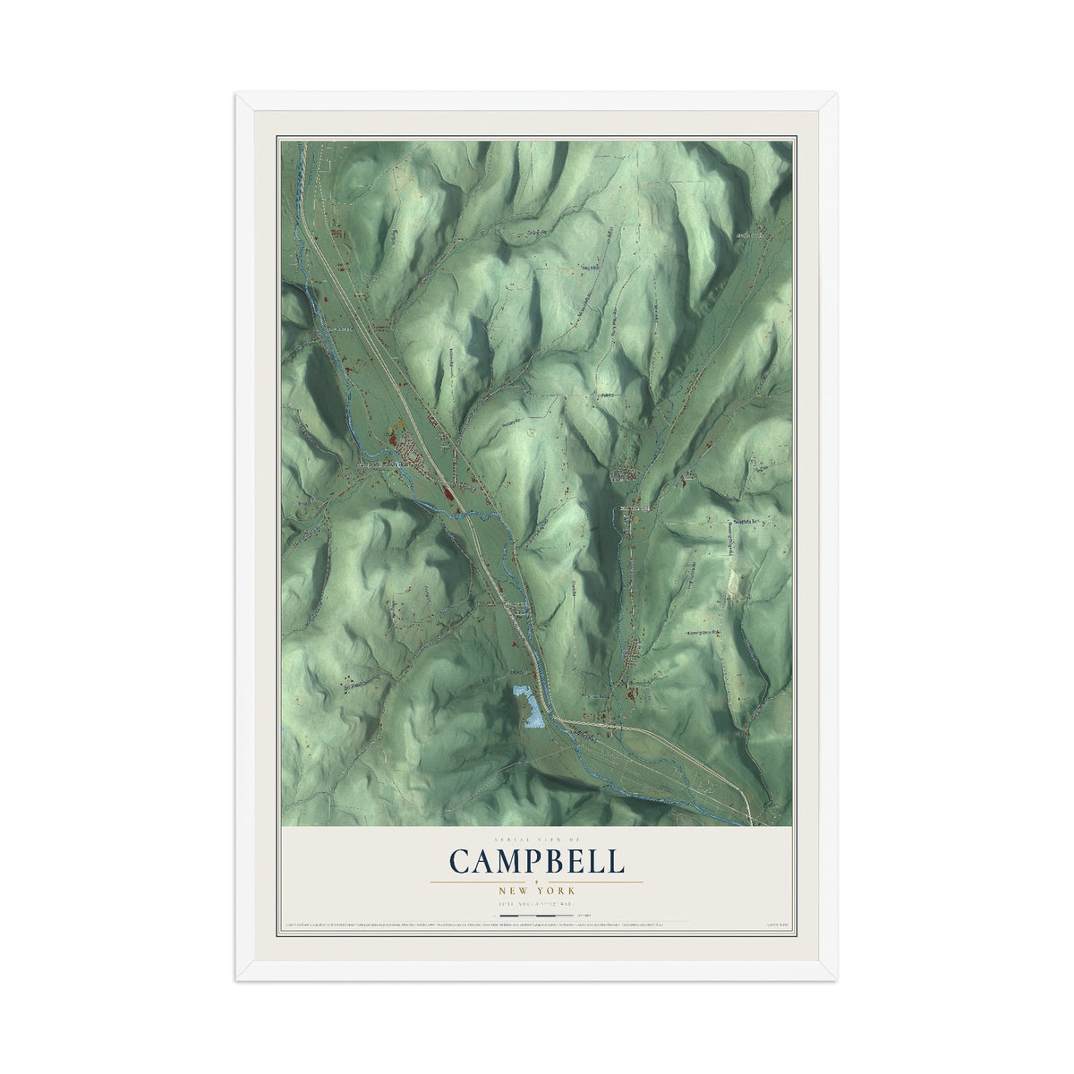 Campbell, New York map print, 12" x 18" W/ White Ayous Wood Frame mockup