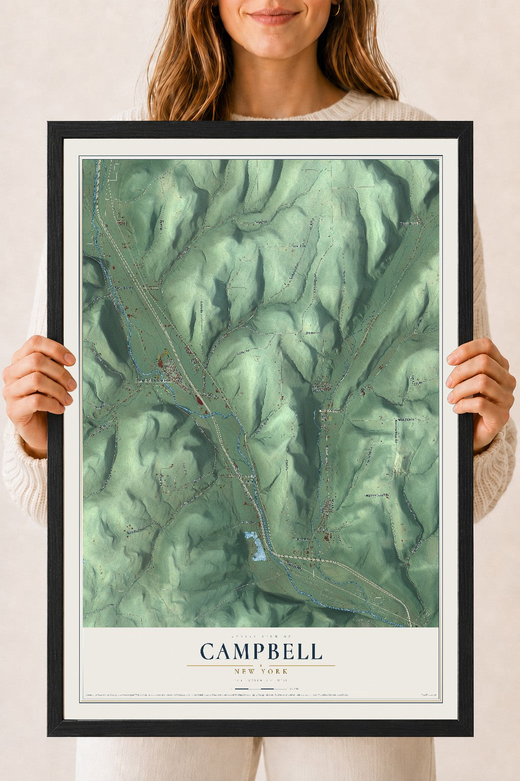 Campbell, New York map print, 18" x 24" W/ Black Ayous Wood Frame mockup
