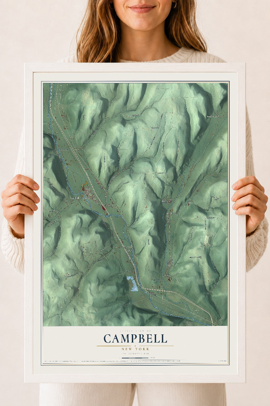 Campbell, New York map print, 18" x 24" W/ White Ayous Wood Frame mockup