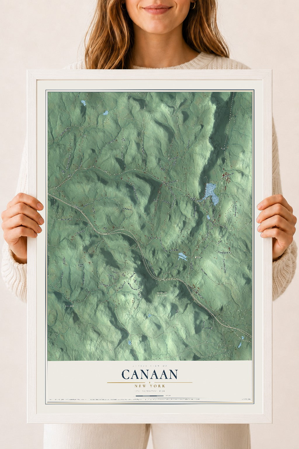 Canaan, New York map print, 18" x 24" W/ White Ayous Wood Frame mockup