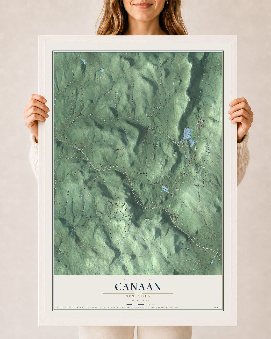 Canaan, New York map print, 24" x 36" W/ White Ayous Wood Frame mockup