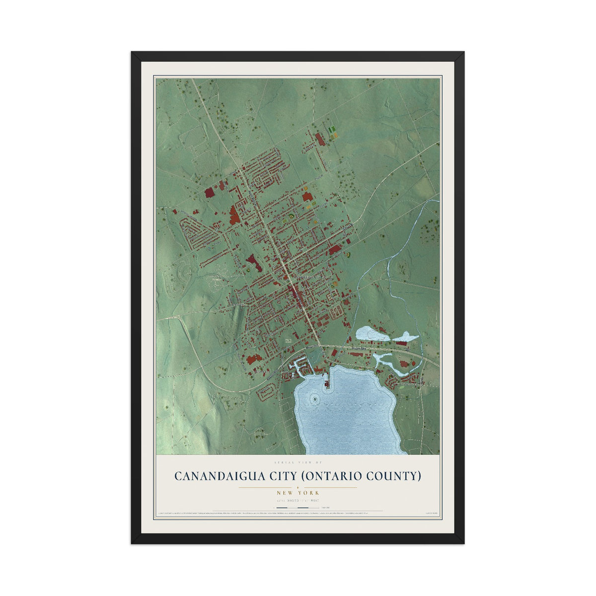 Canandaigua City (Ontario County), New York map print, 12" x 18" W/ Black Ayous Wood Frame mockup