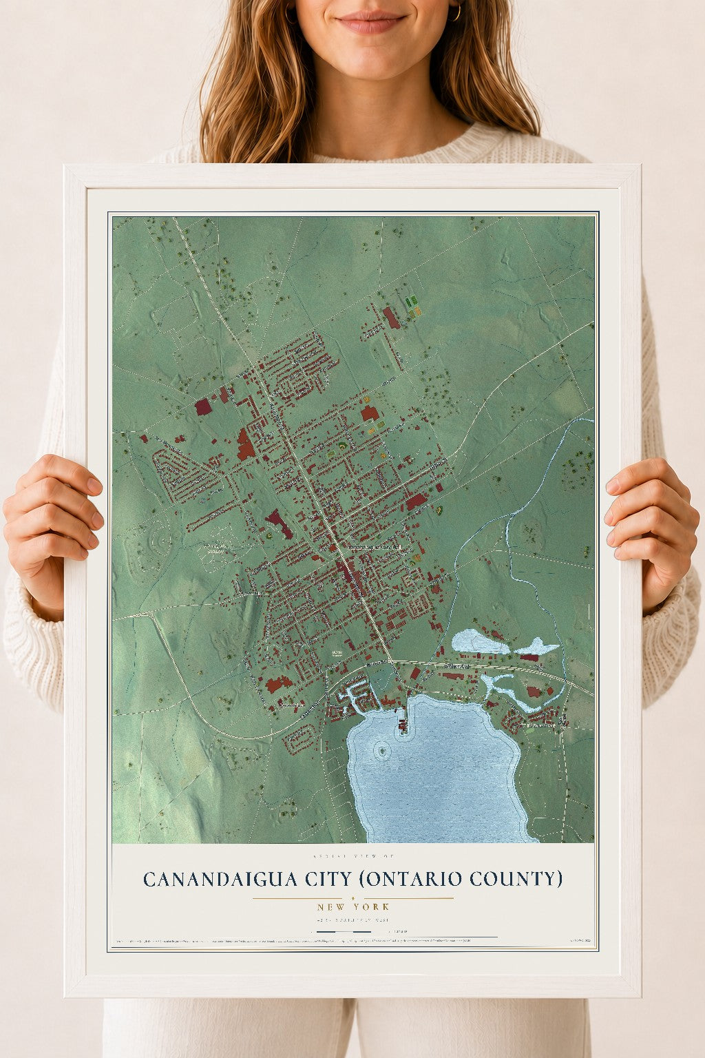 Canandaigua City (Ontario County), New York map print, 18" x 24" W/ White Ayous Wood Frame mockup