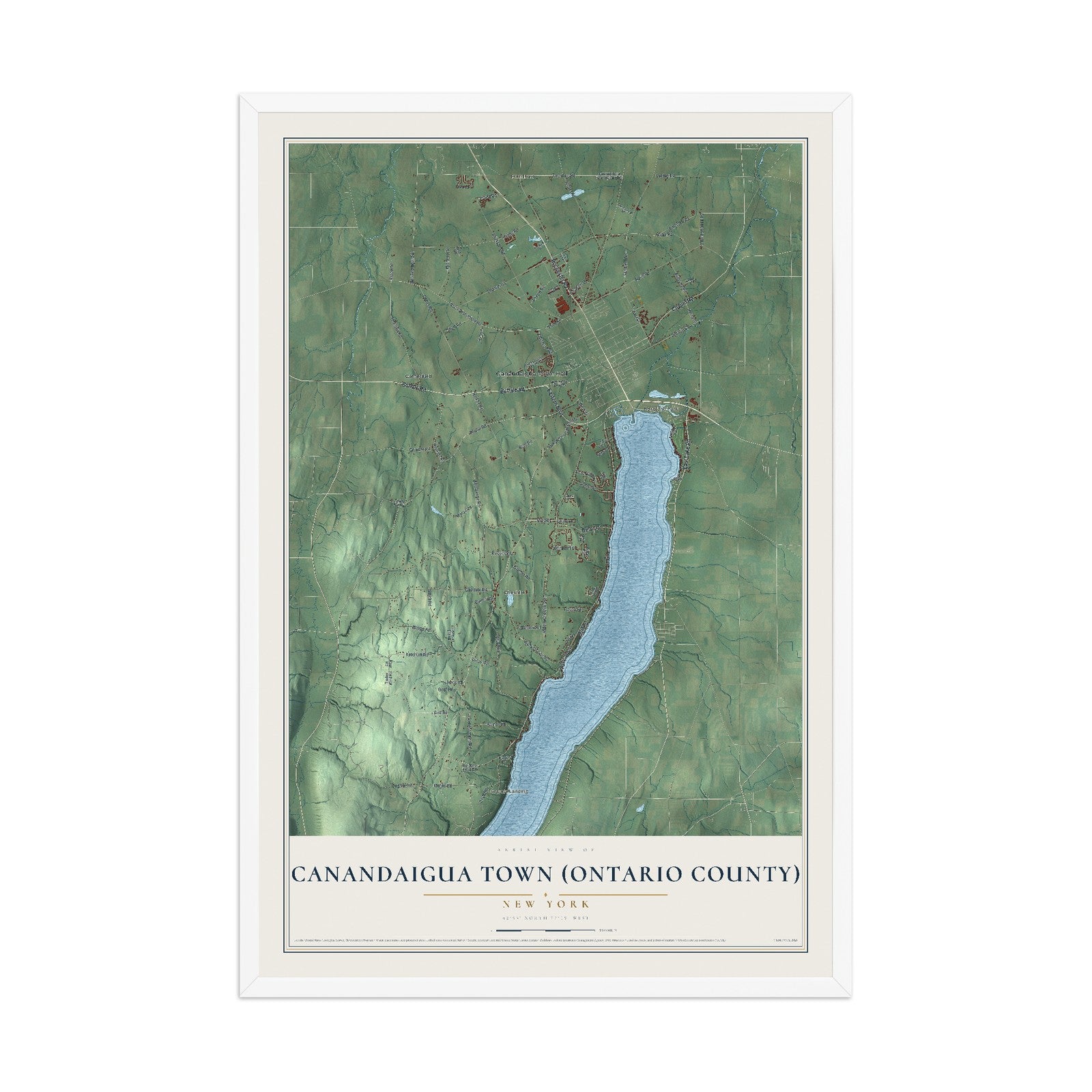 Canandaigua Town (Ontario County), New York map print, 12" x 18" W/ White Ayous Wood Frame mockup