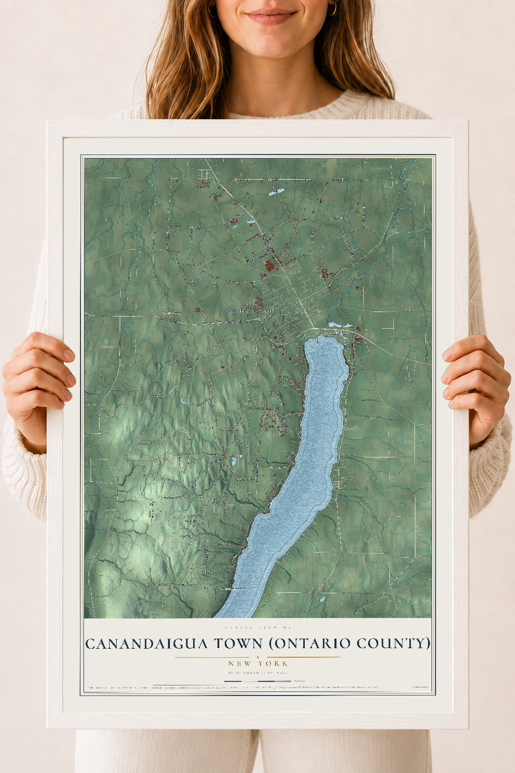 Canandaigua Town (Ontario County), New York map print, 18" x 24" W/ White Ayous Wood Frame mockup