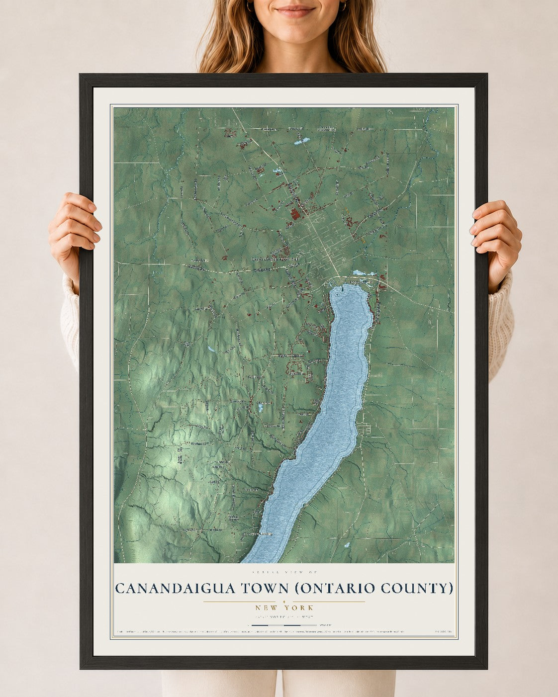 Canandaigua Town (Ontario County), New York map print, 24" x 36" W/ Black Ayous Wood Frame mockup