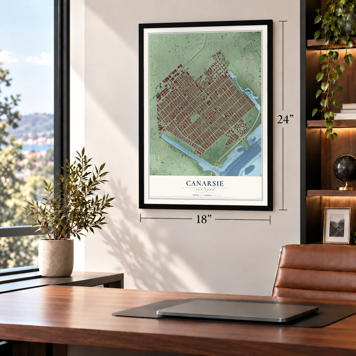 Canarsie, New York map, 18 x 24 inch print in a black frame in a home office