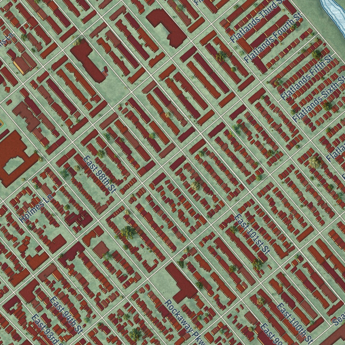 Close-up of the map of Canarsie, New York print showing street and building detail