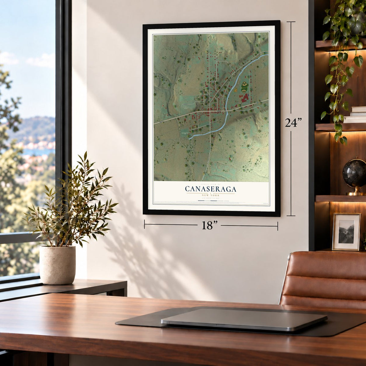 Canaseraga, New York map, 18 x 24 inch print in a black frame in a home office
